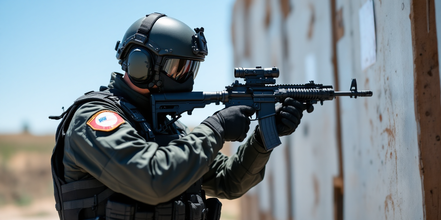 professional security training academy scene with armed and unarmed security officers in tactical gear training in modern facility, Texas environment, high quality professional photography