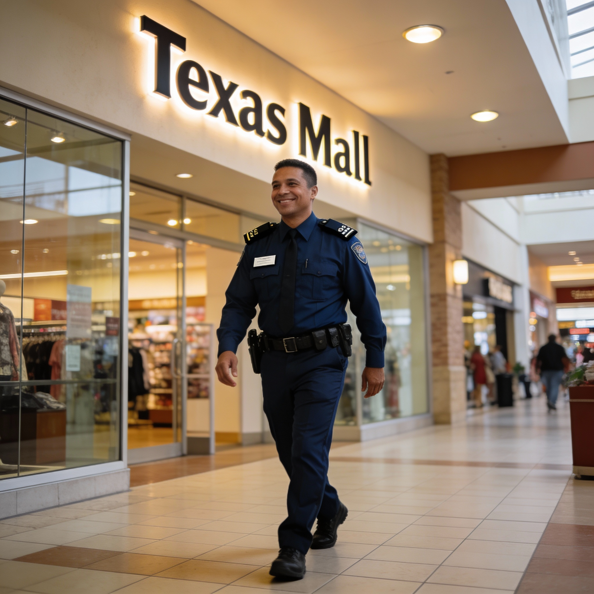 unarmed security officer in professional uniform patrolling commercial building, Texas security, professional photography