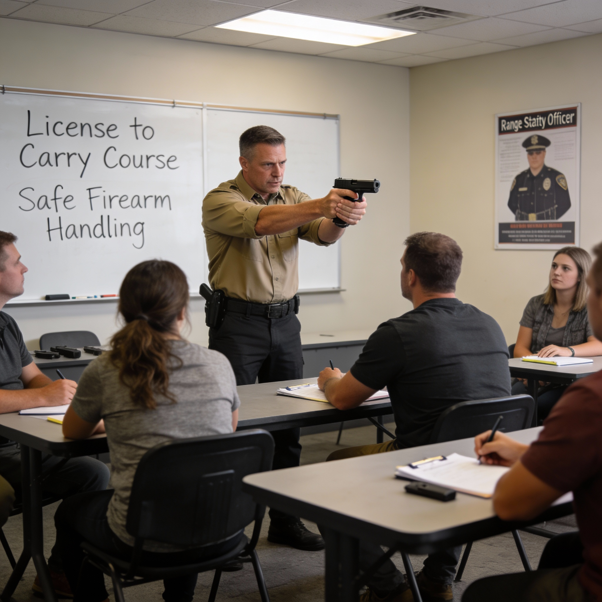 Texas DPS license to carry concealed handgun training course, firearms instructor teaching students, professional photography