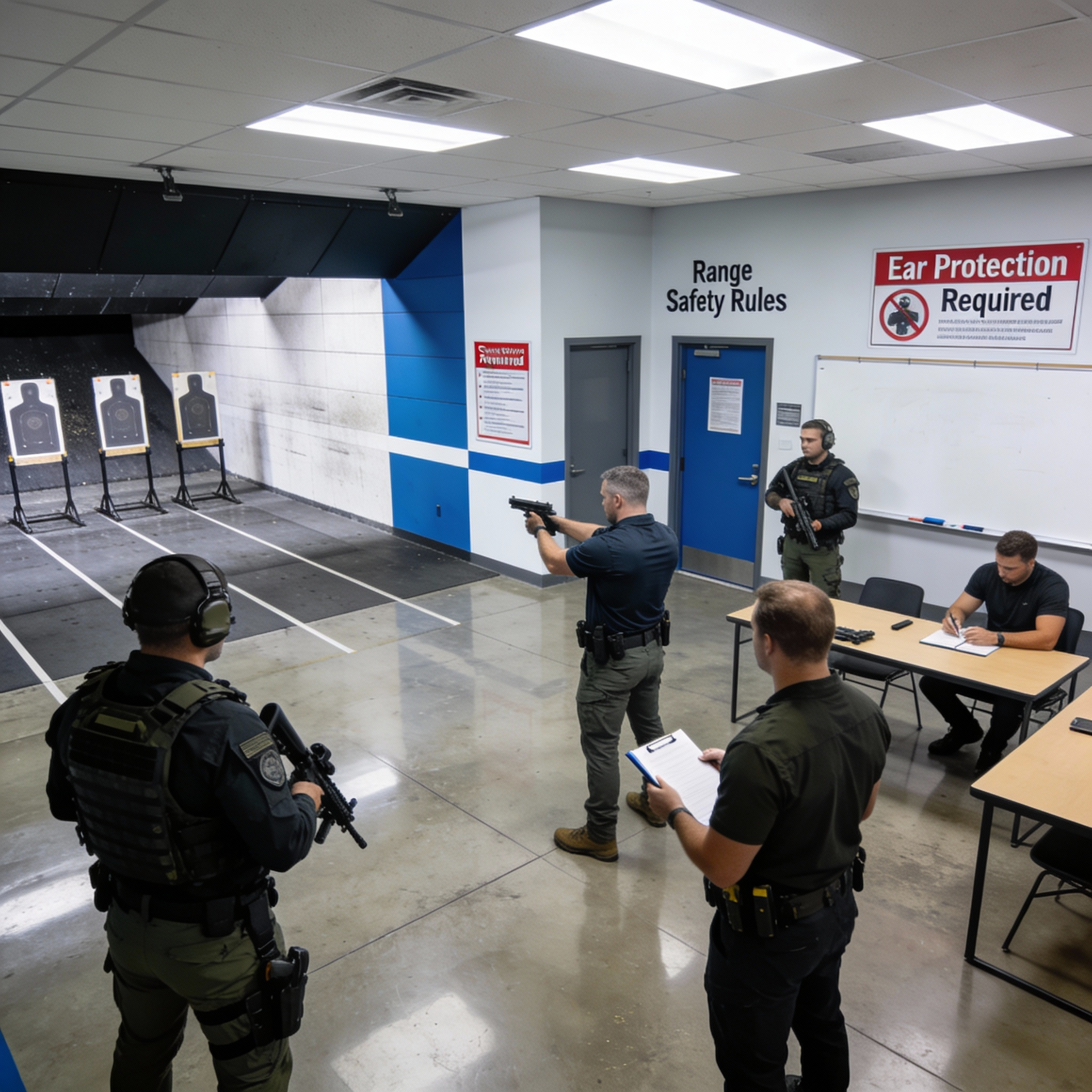 professional security training facility in Texas with modern classrooms and shooting range, instructor teaching students, professional photography