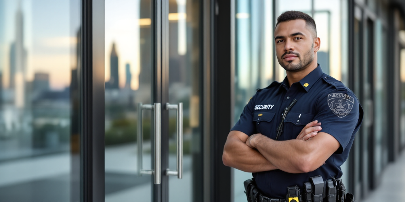 professional security training academy scene with armed and unarmed security officers in tactical gear training in modern facility, Texas environment, high quality professional photography