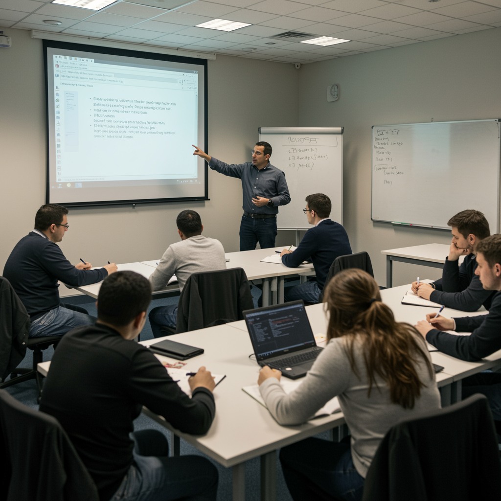 security training classroom with instructor teaching students about private security regulations in Texas