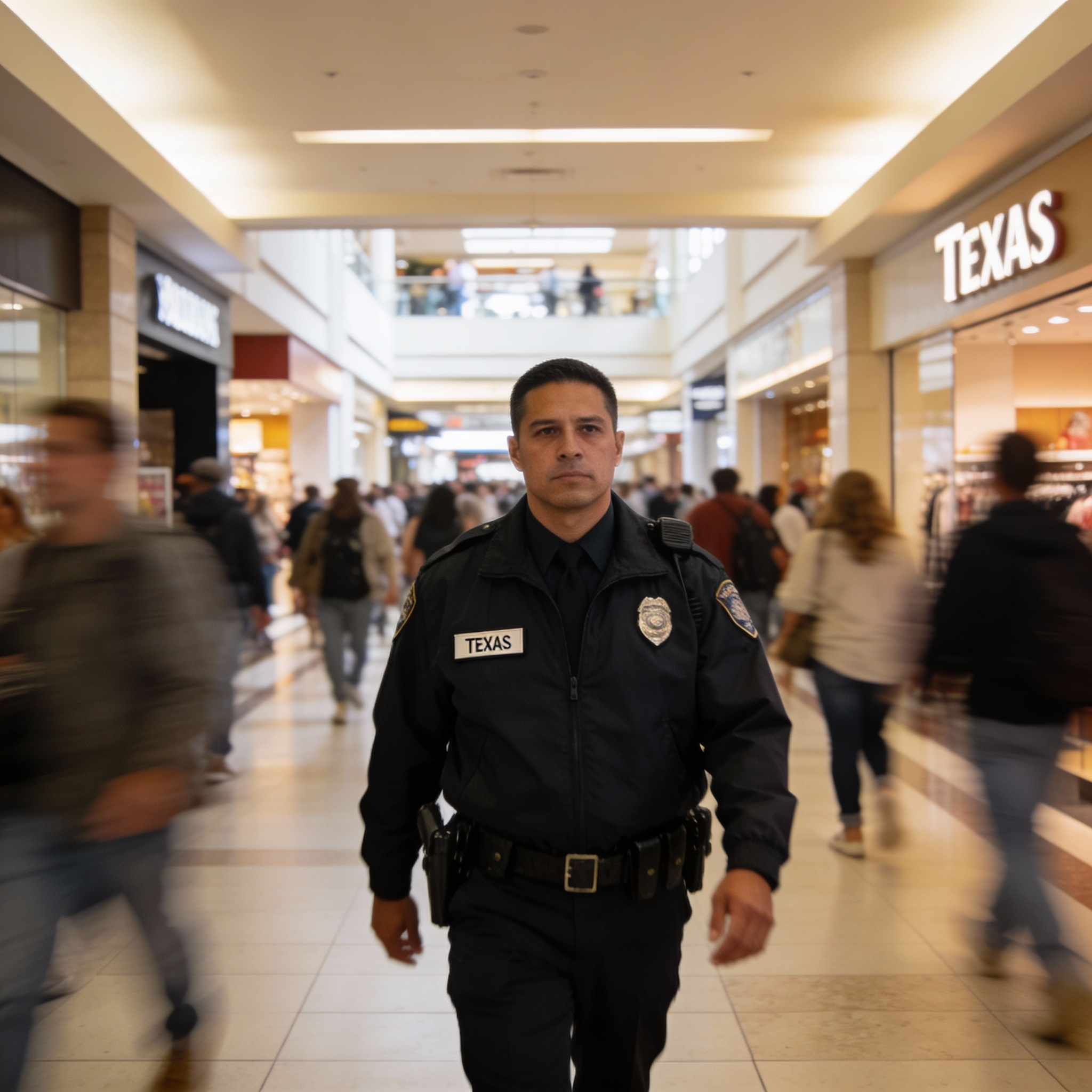 security officer patrolling shopping mall, professional uniform