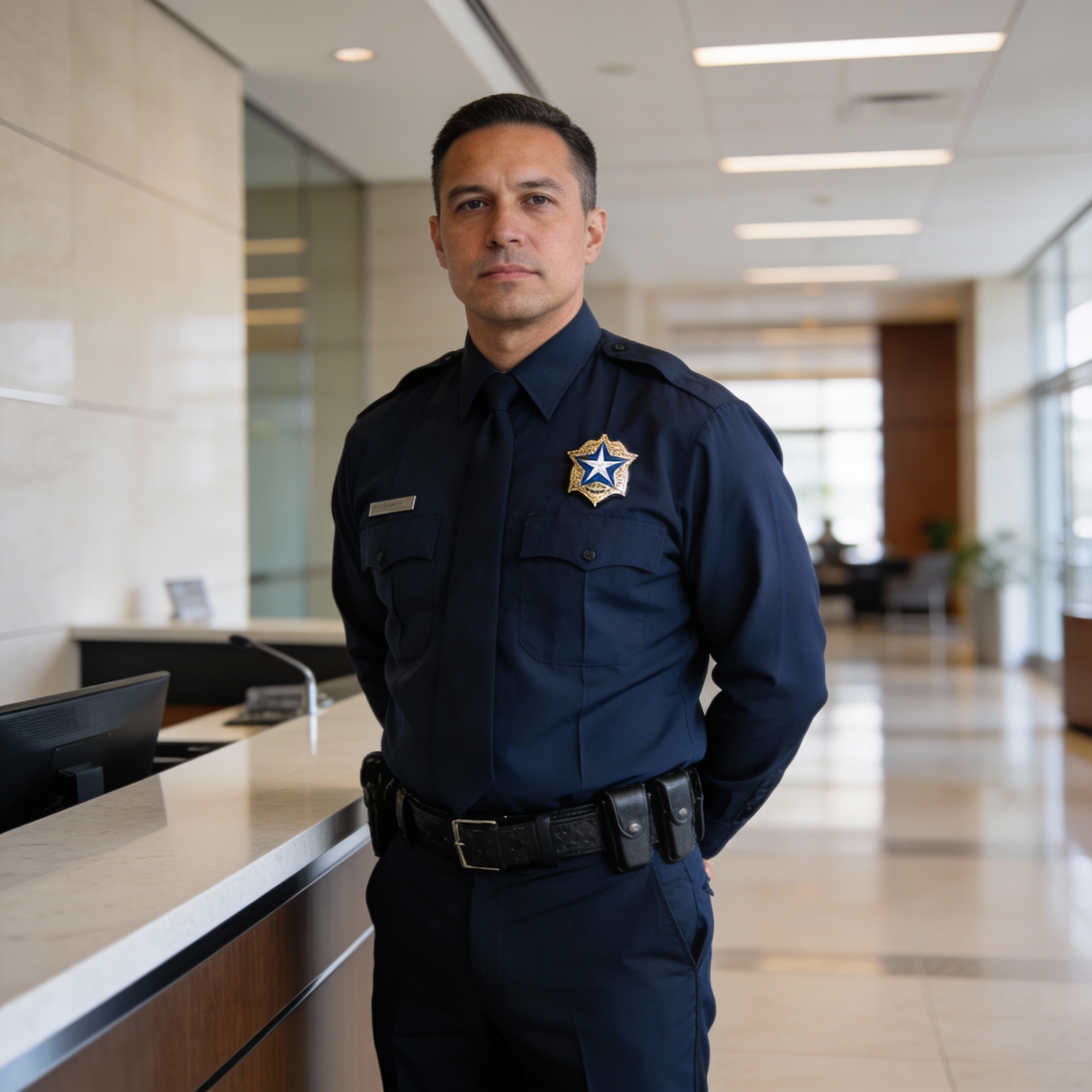 professional security guard at modern corporate office building entrance desk