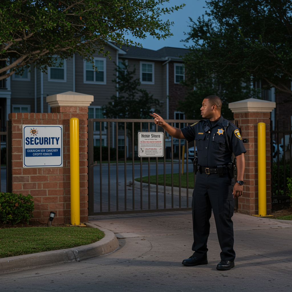 security officer monitoring residential apartment complex entrance